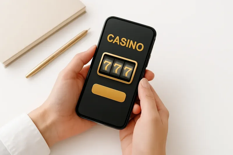 Hands holding phone with casino app above clean white desk