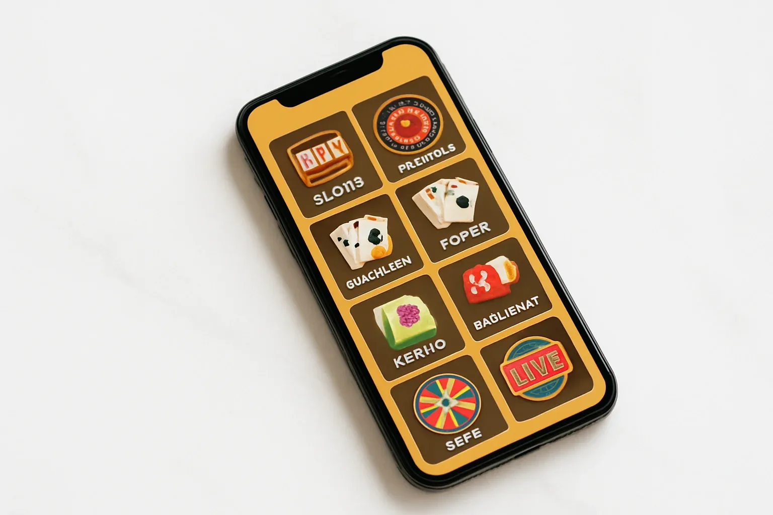 Smartphone on white marble showing bright casino game selection grid