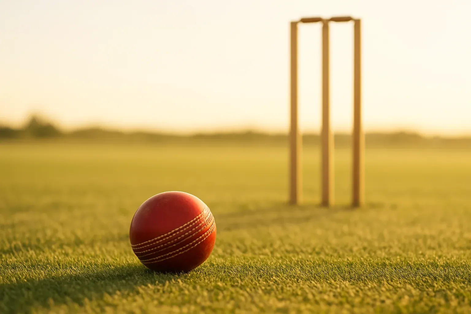 Red cricket ball on mown pitch grass with stumps at dusk