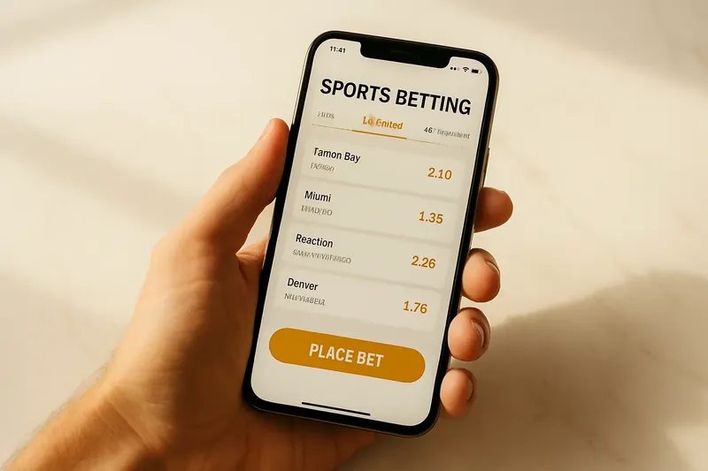 Hand holding smartphone showing sports betting odds on marble surface