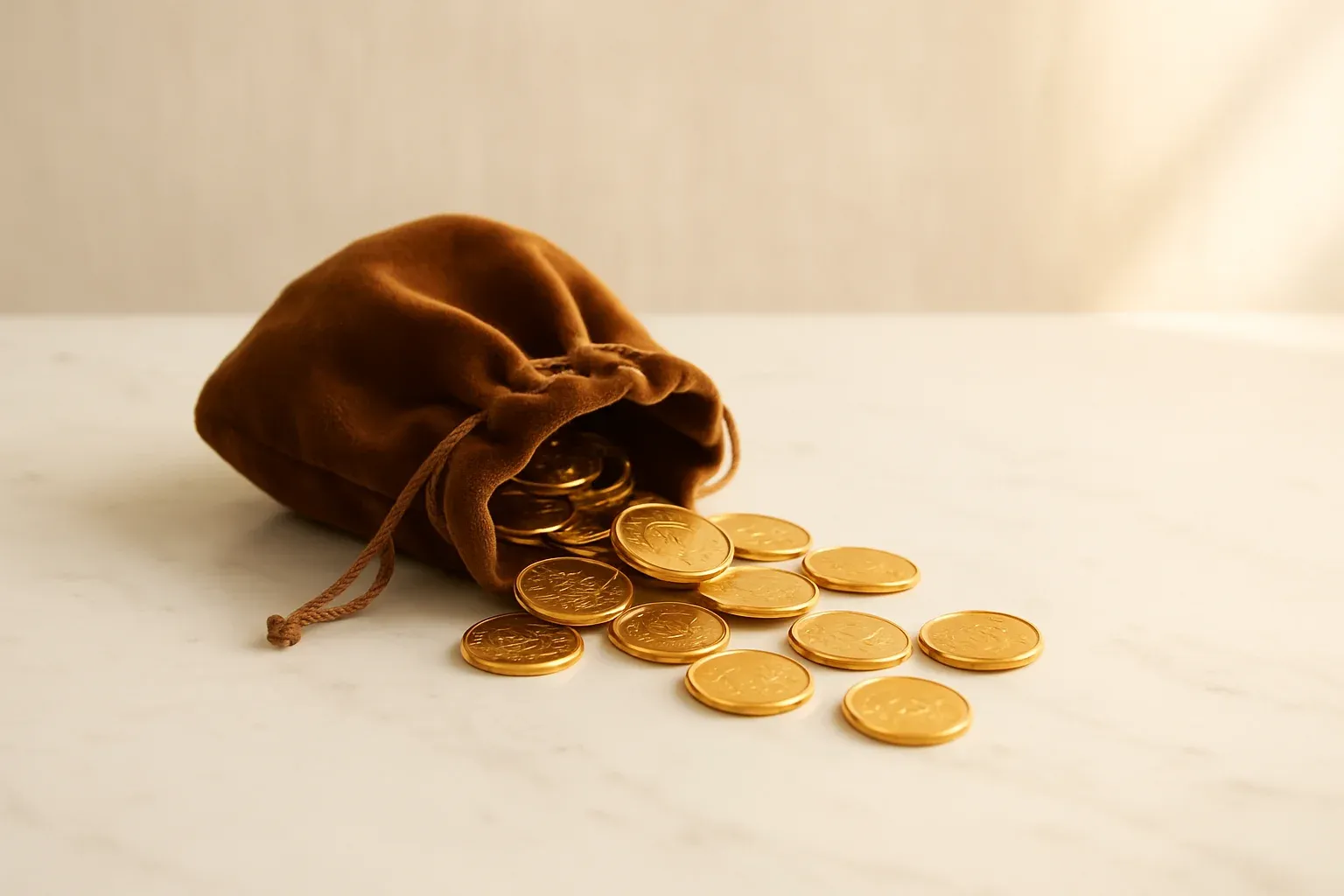Golden coins spilling from velvet pouch on white marble surface