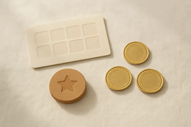 Loyalty card, bonus token and gold coins on white linen