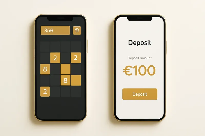 Two smartphones on cream background showing game grid and deposit screen