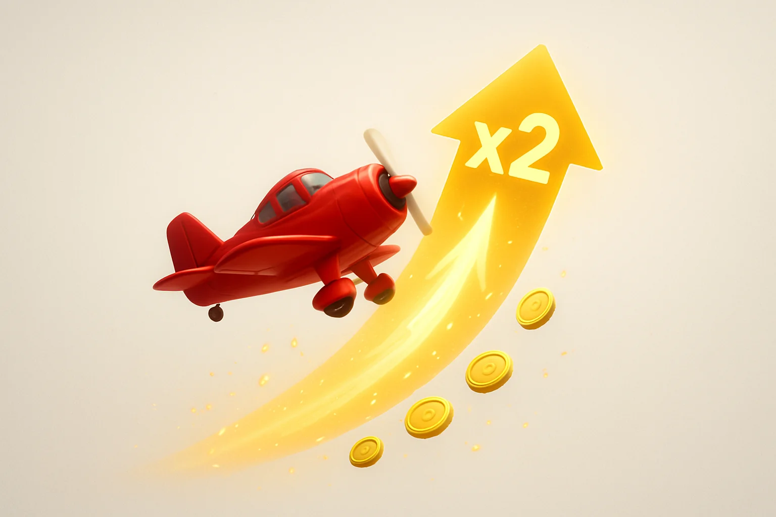 Red airplane climbing with glowing multiplier trail, coins, and sparks