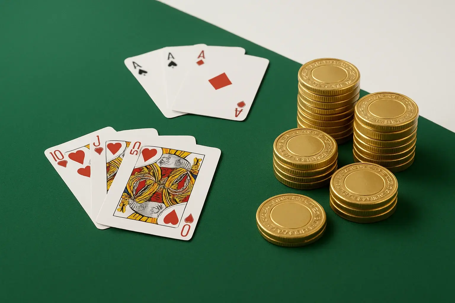 Green felt casino table with cards and stacked gold chips