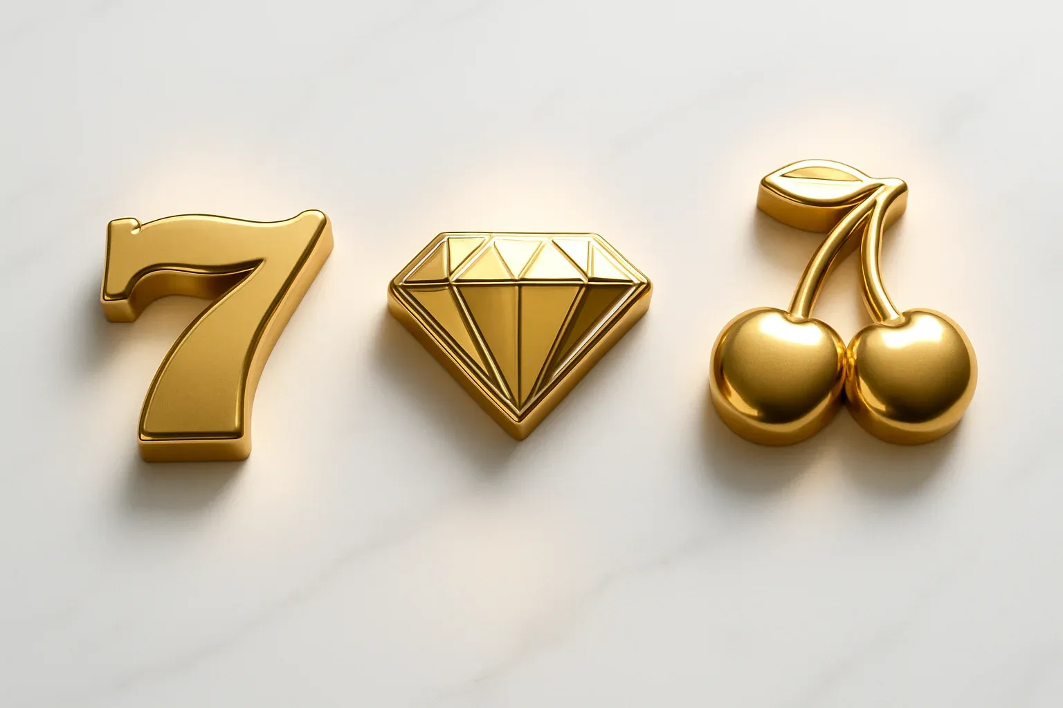 Three polished slot symbols on white marble with warm spotlights